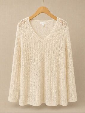 CHARTER CLUB Open Knit Crochet Sweater Ivory Boho Beach Coverup L